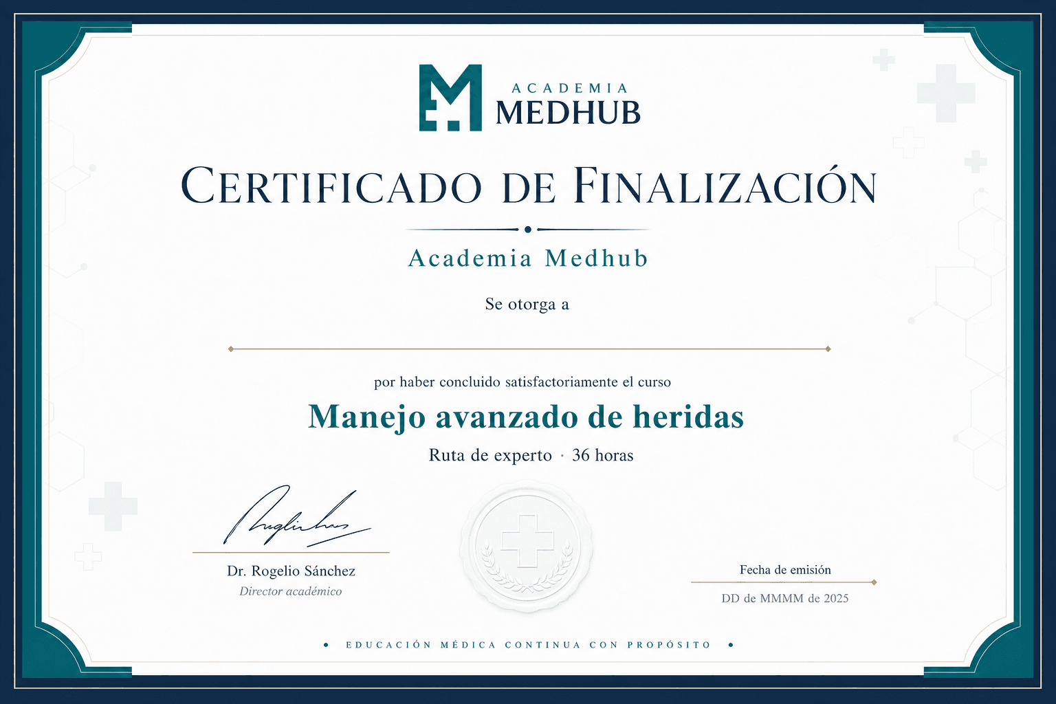 Muestra del Certificado de finalización de Academia Medhub para el curso Manejo avanzado de heridas.