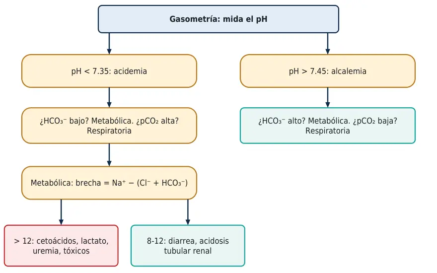 Algoritmo 1.1. Primer paso ante una gasometría: pH, componente primario y brecha aniónica.